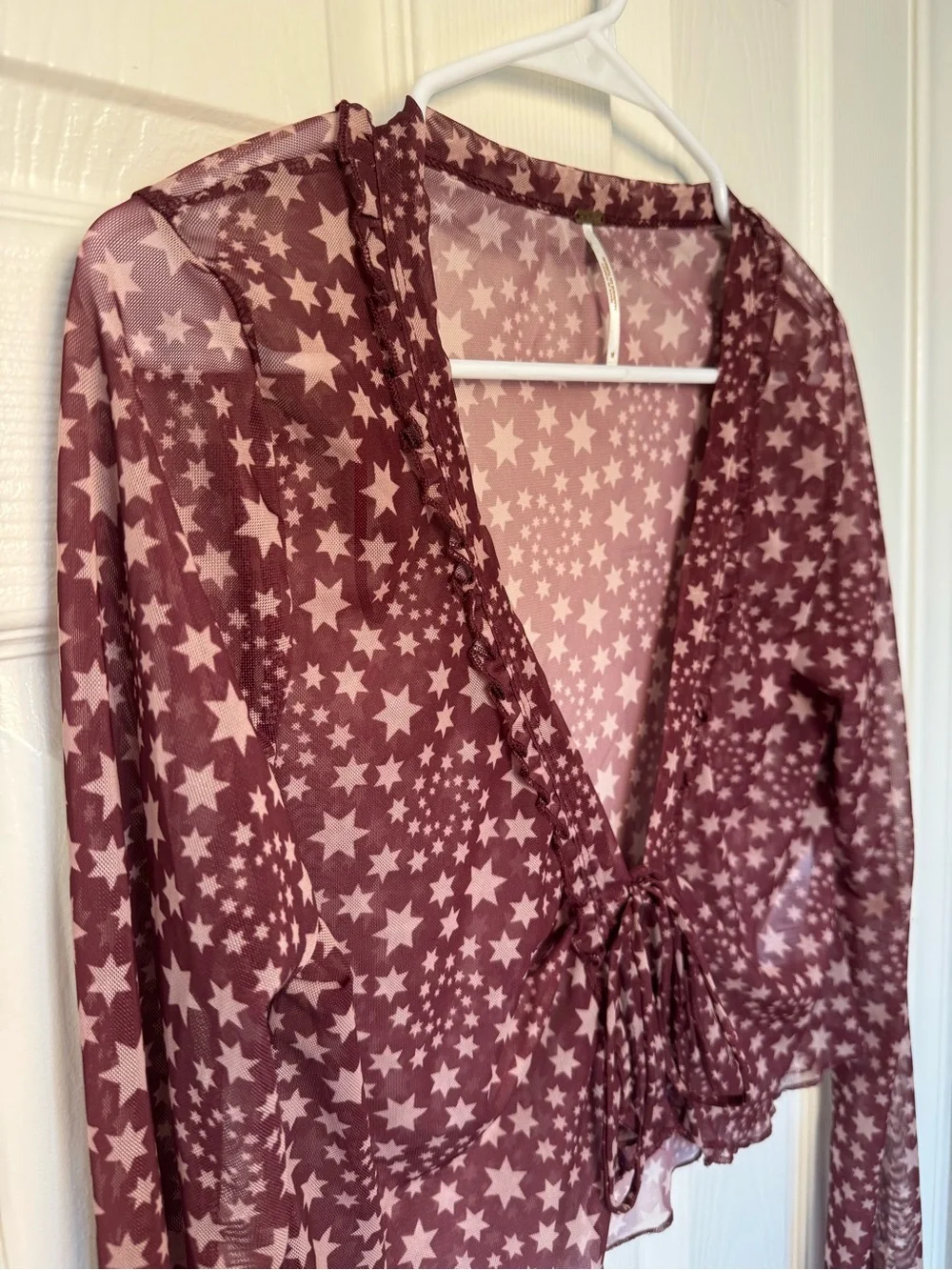 Free People Burgundy Star Print Sheer Tie-Front Chemise